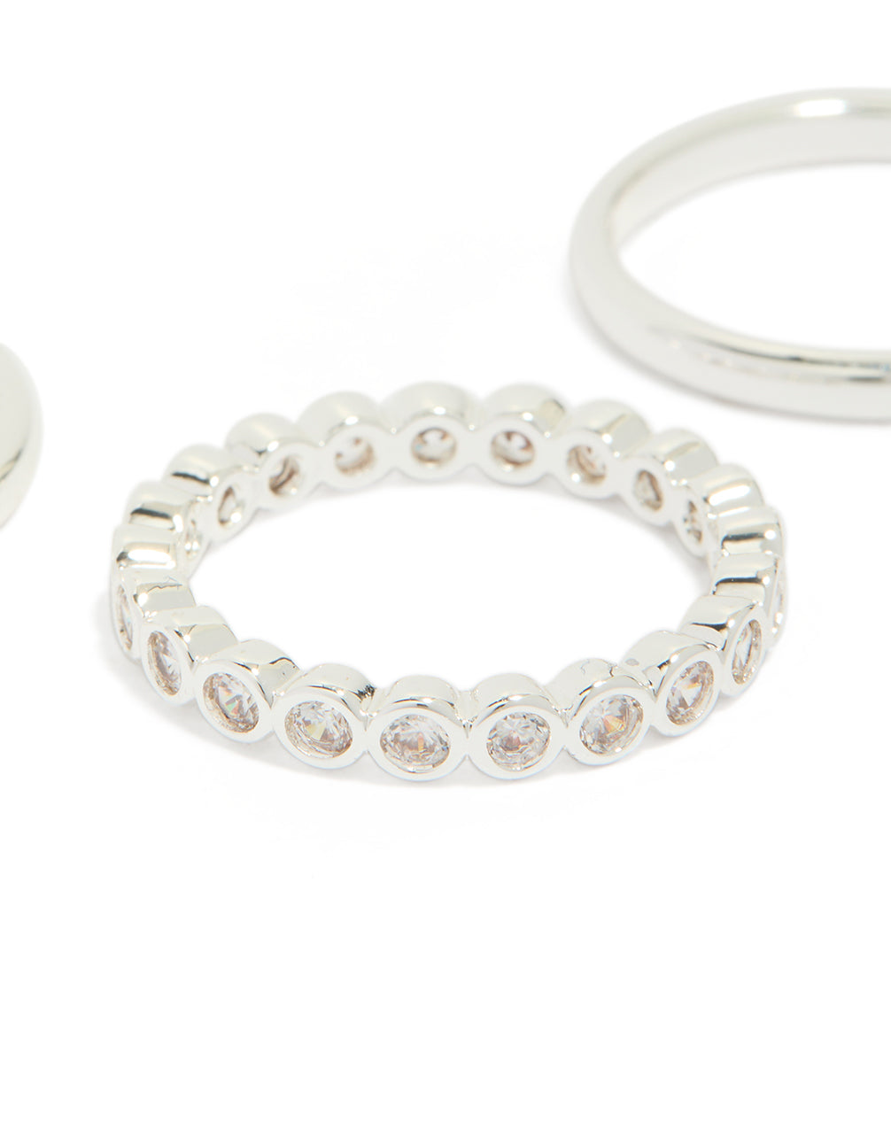 Designed with silver plated fine round cubic zirconia stacking rings 3-pack close up view