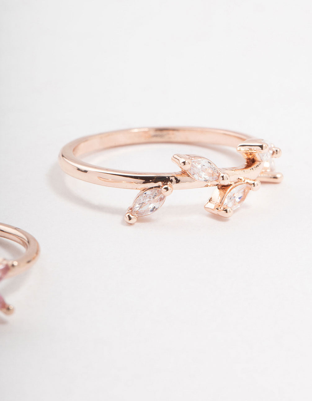 Featuring delicate vine detailing with marquise-cut stones in rose gold and cubic zirconia 2-pack side detail view