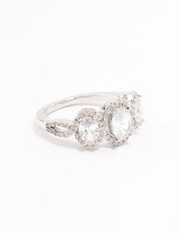 Showcasing a trio of oval cut cubic zirconia stones set in silver with halo detailing front view - link has visual effect only