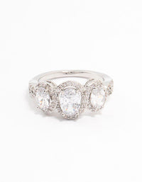Stunning ring crafted with three oval cut cubic zirconia stones and halo details in silver close up view - link has visual effect only