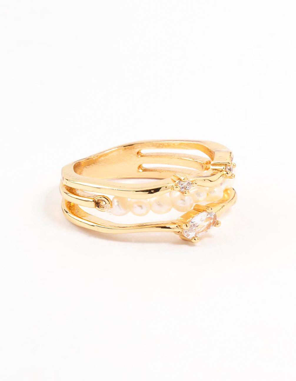 Showcasing a gold plated nestled pearl layered ring with statement design side detail view