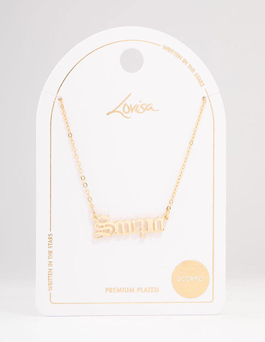Gold Plated Scorpio Gothic Script Necklace