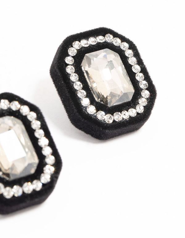 Black Velvet Fabric Diamante Stud Earrings