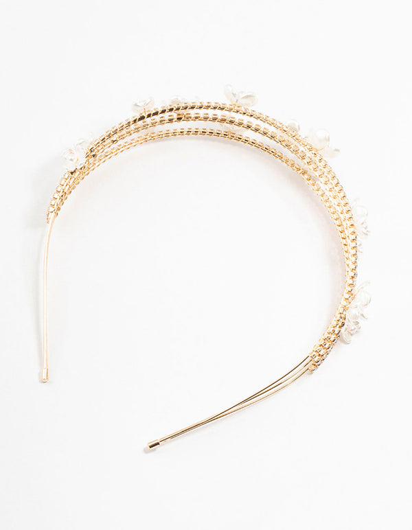 Pearl Flower 3 Row Gold Headband