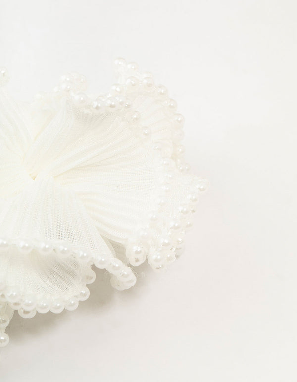 White Plisse Fabric & Pearl Scrunchie