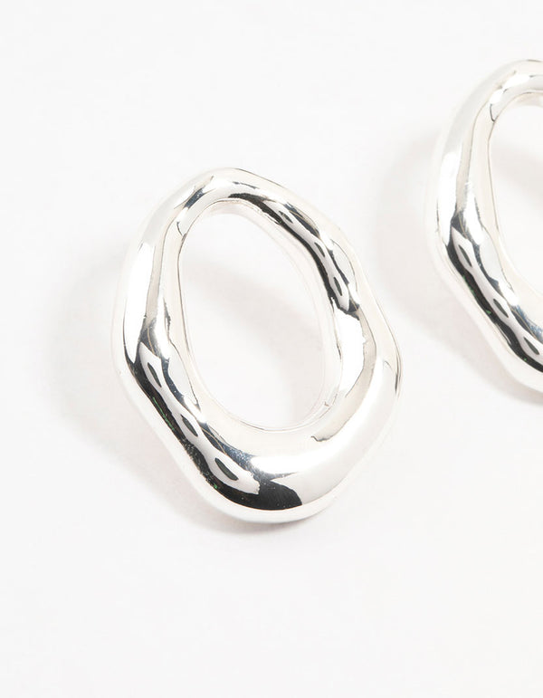 Silver Plated Molten Open Circle Stud Earrings