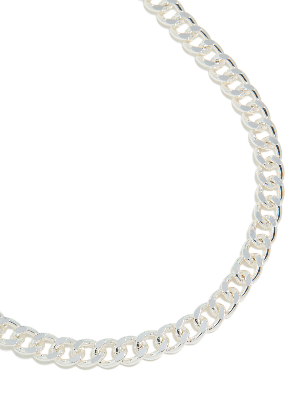 Showcasing a silver plated curb chain necklace close up view