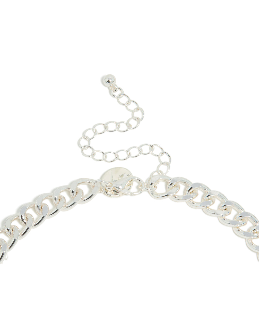 Highlighting a silver plated curb chain necklace with adjustable clasp detail view