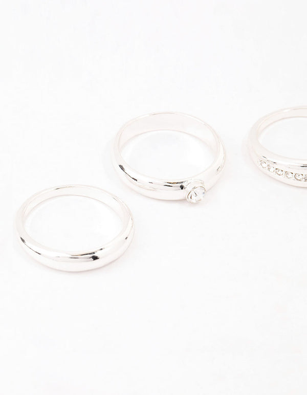 Silver Plated Cubic Zirconia &  Chunky Rings 3-Pack