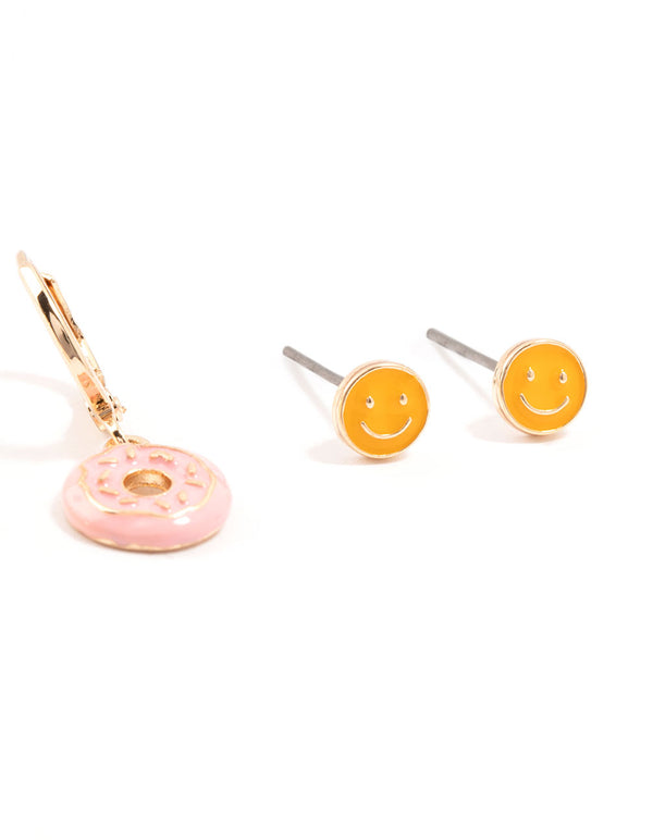 Gold Small Doughnut & Peace Sign Stud  Earrings 3-Pack