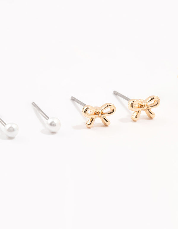 Gold Pearl & Bow Diamante Earrings 3-Pack