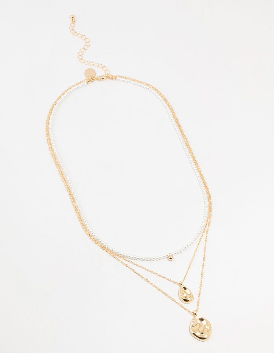 Gold Multiple Coin & Pearl 3 Layered Necklace