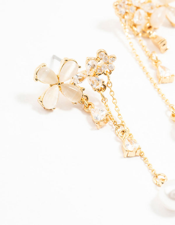Gold Plated Flowers, Pearls & Pear Cubic Zirconia Drop Earrings