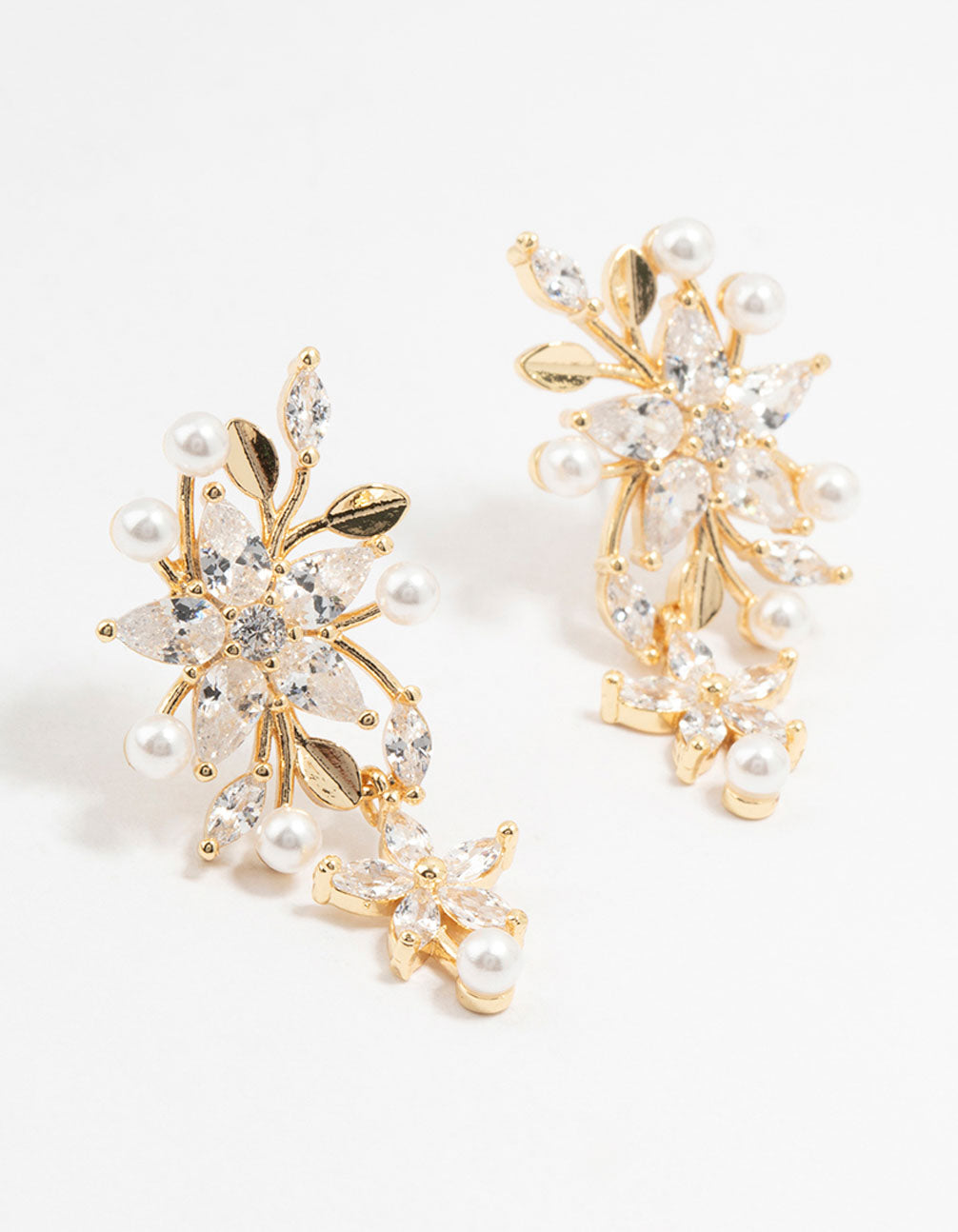 Gold Plated Cubic Zirconia Flower & Mini Pearl Drop Earrings