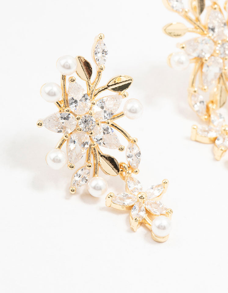 Gold Plated Cubic Zirconia Flower & Mini Pearl Drop Earrings