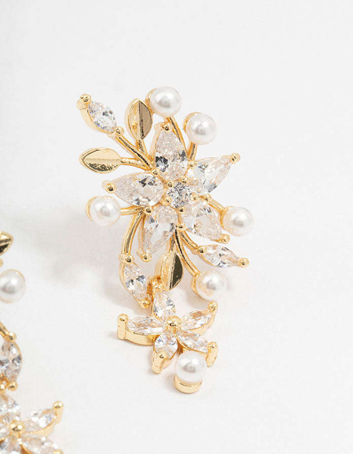Gold Plated Cubic Zirconia Flower & Mini Pearl Drop Earrings