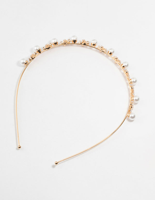 Gold Plated Alternating Flower & Pearl Headband