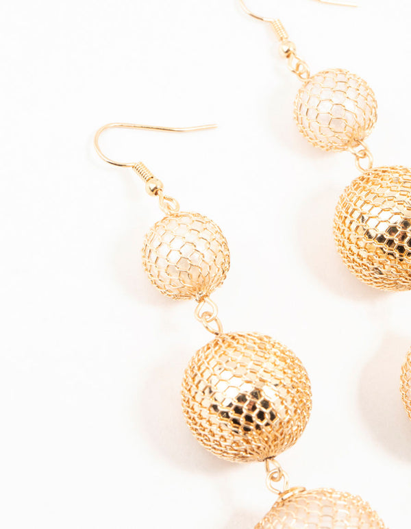 Gold Fishnet Ball Drop Earrings