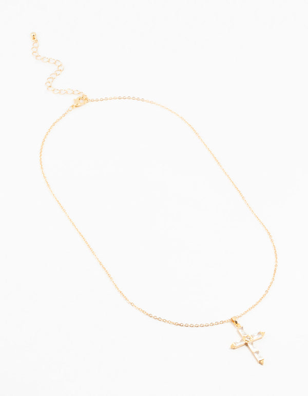 Gold Plated Brass Large Baguette Cut Cubic Zirconia Cross Necklace