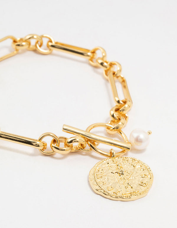 Gold Plated Brass Rectangular Link With Coin Bracelet