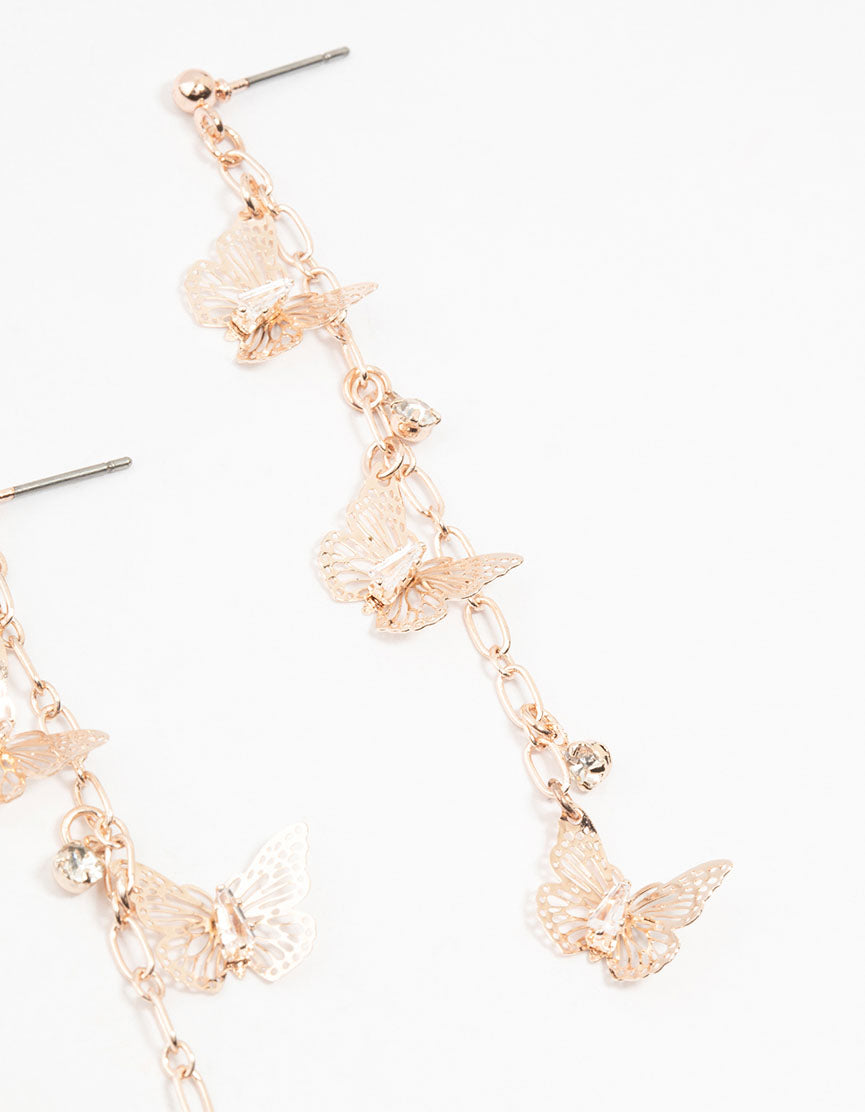 Rose Gold Butterfly Diamante Drop Earrings