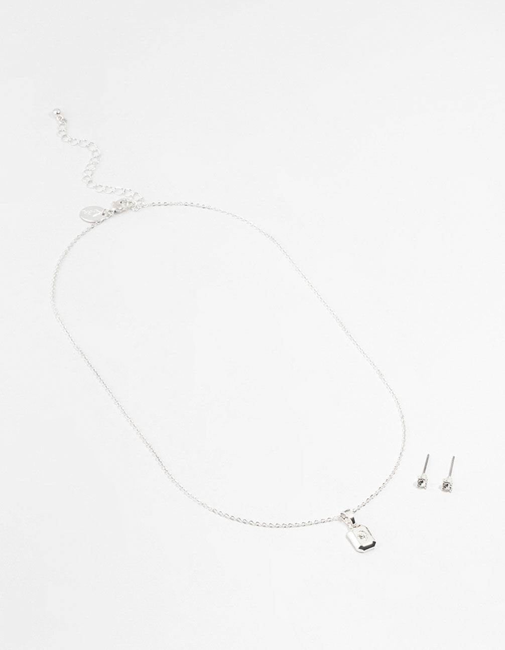 Silver Rectangular Diamante Necklace & Stud Earrings Set