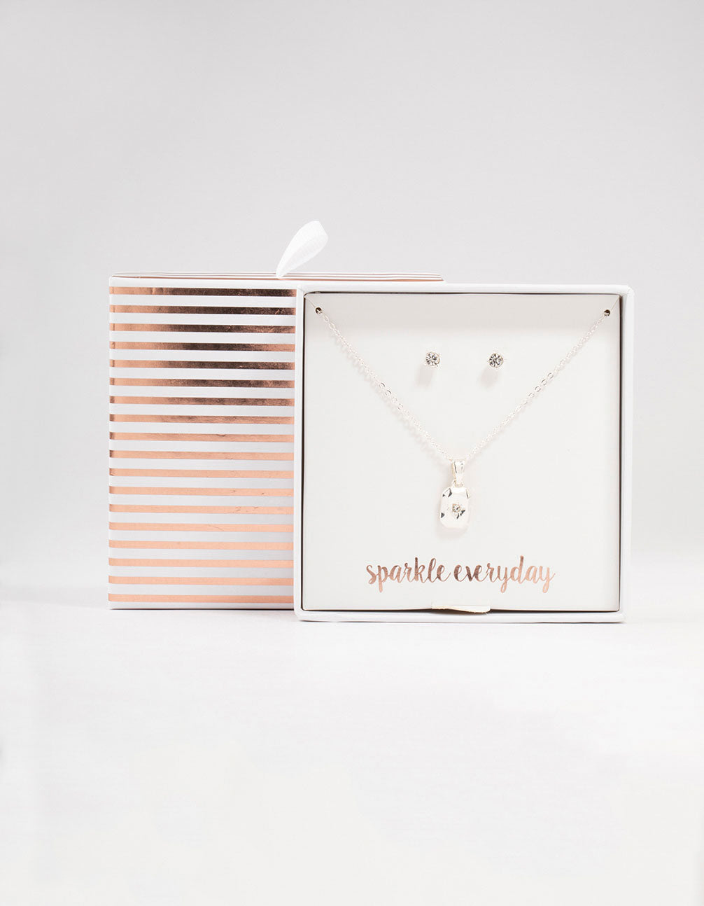 Silver Rectangular Diamante Necklace & Stud Earrings Set