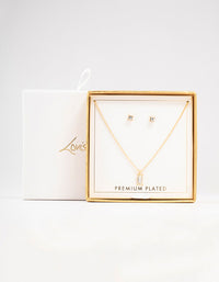 Gold Plated Baguette Necklace & Stud Earrings Set - link has visual effect only