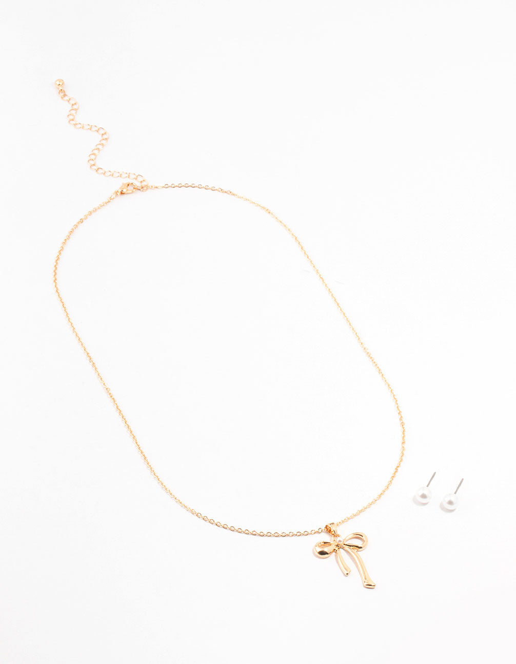 Gold Pearl Bow Necklace & Stud Earrings Set