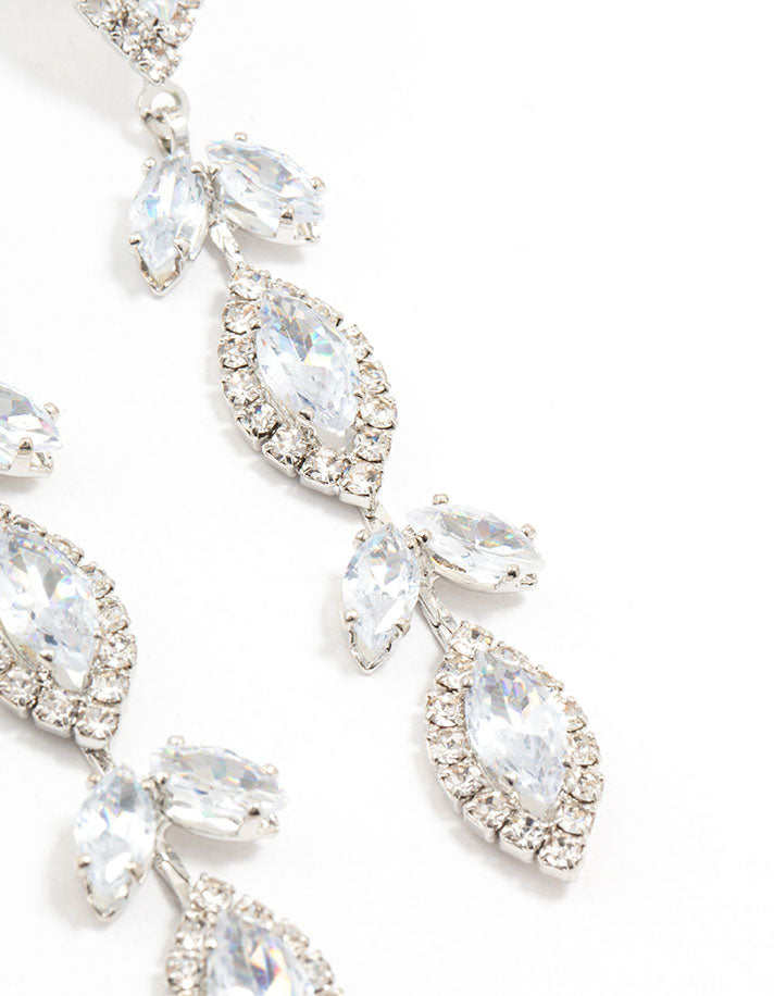 Silver Marquise Cubic Zirconia Leaf Drop Earrings