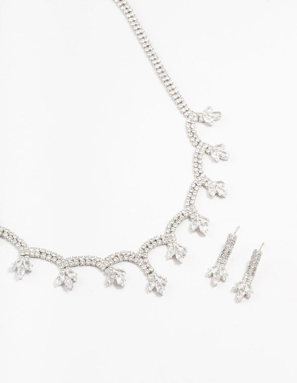 Silver Scallop Cubic Zirconia Flower Necklace & Earrings Set