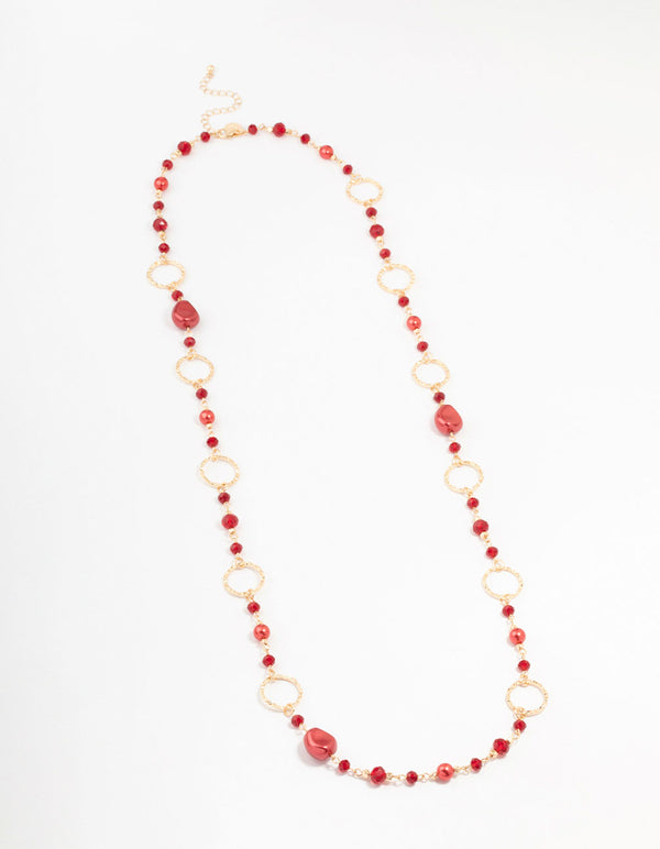 Gold Long Red Stone Mixed Beads Necklace