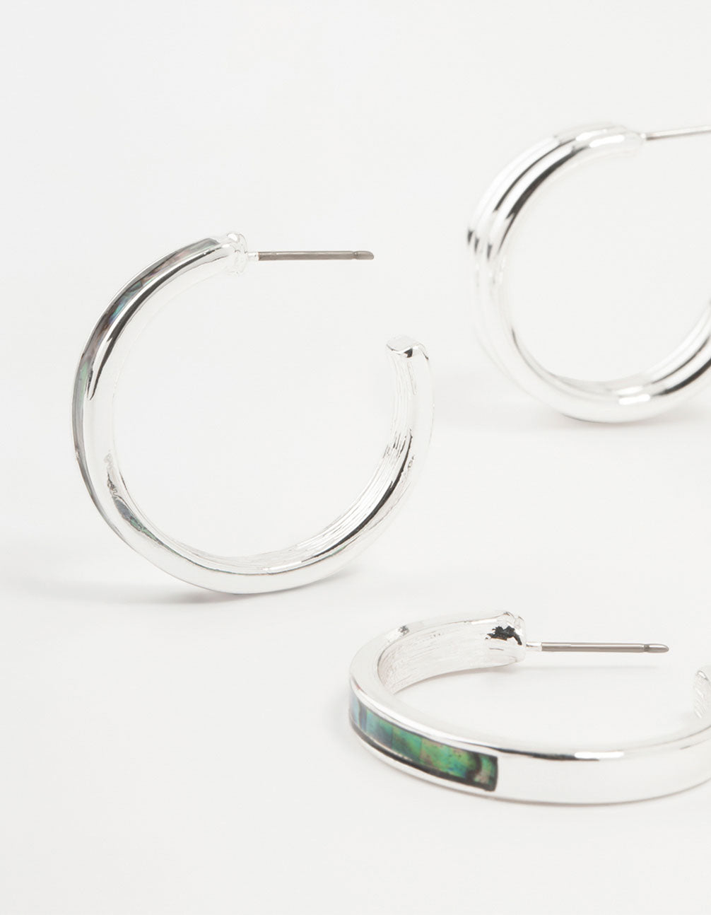 Silver Abalone Genuine Shell  Hoop Earrings 2-Pack