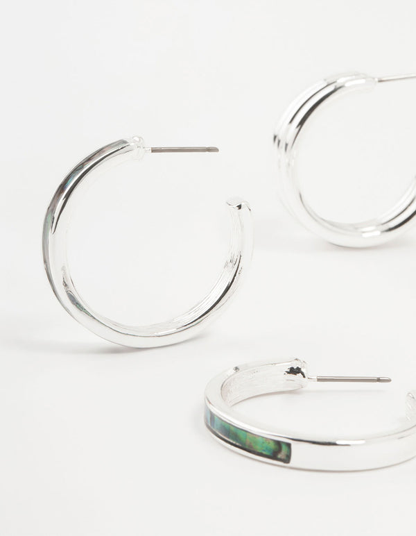 Silver Abalone Genuine Shell  Hoop Earrings 2-Pack