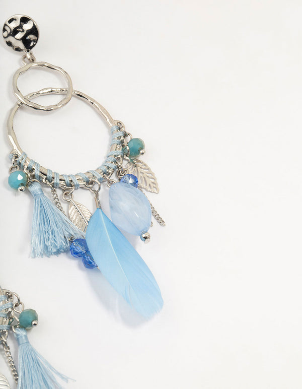 Silver Light Blue Feather Dream Catcher Drop Earrings