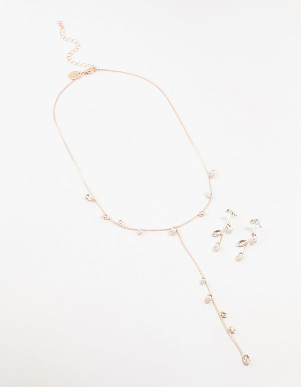 Rose Gold Leaves & Flowers Earrings & Y-Necklace Set