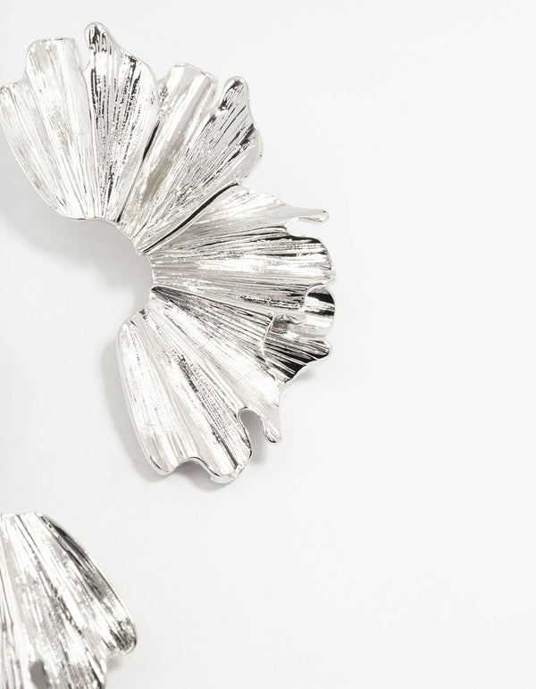 Silver Etched Half Flower Drop Earrings