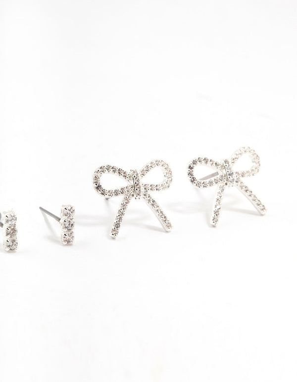 Pearl & Bow Cubic Zirconia Stud Earrings Pack
