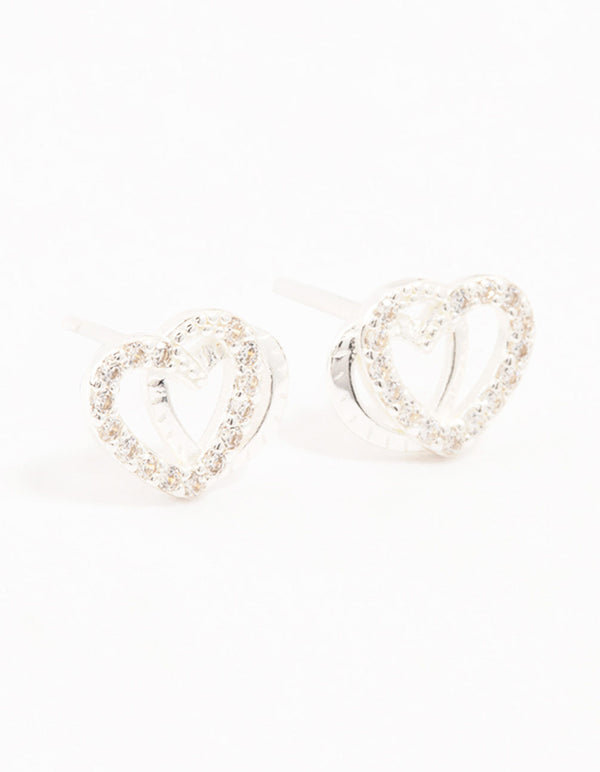 Sterling Silver Cubic Zirconia Heart Link Stud Earrings