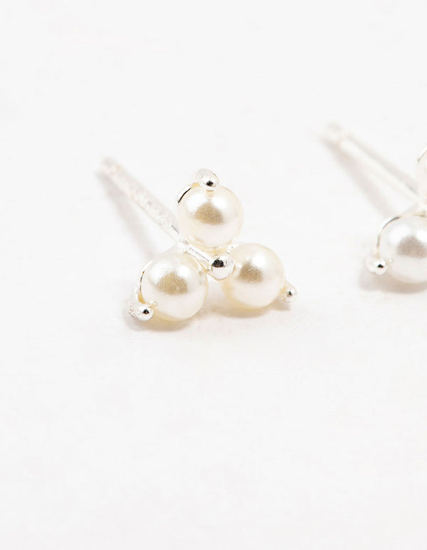 Sterling Silver Pearl Trio Stud Earrings