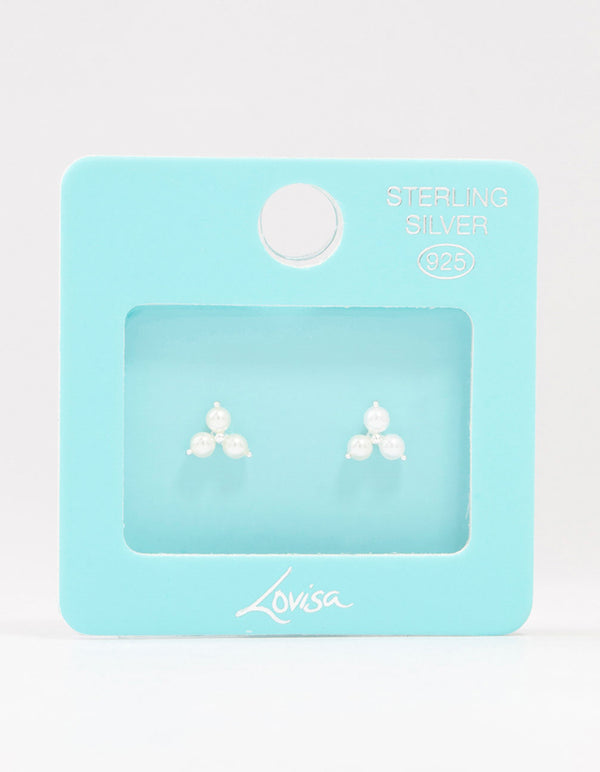 Sterling Silver Pearl Trio Stud Earrings