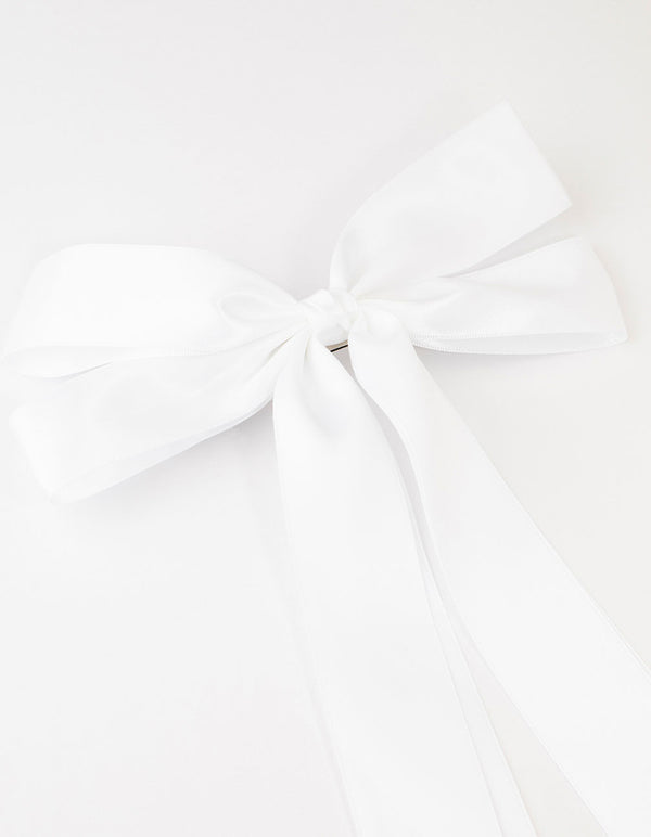 White Fabric Oversized Ribbon Bow Clip