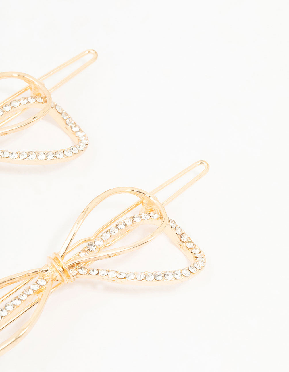 Charming bow and diamante detailing clips in solid gold 2-pack side view