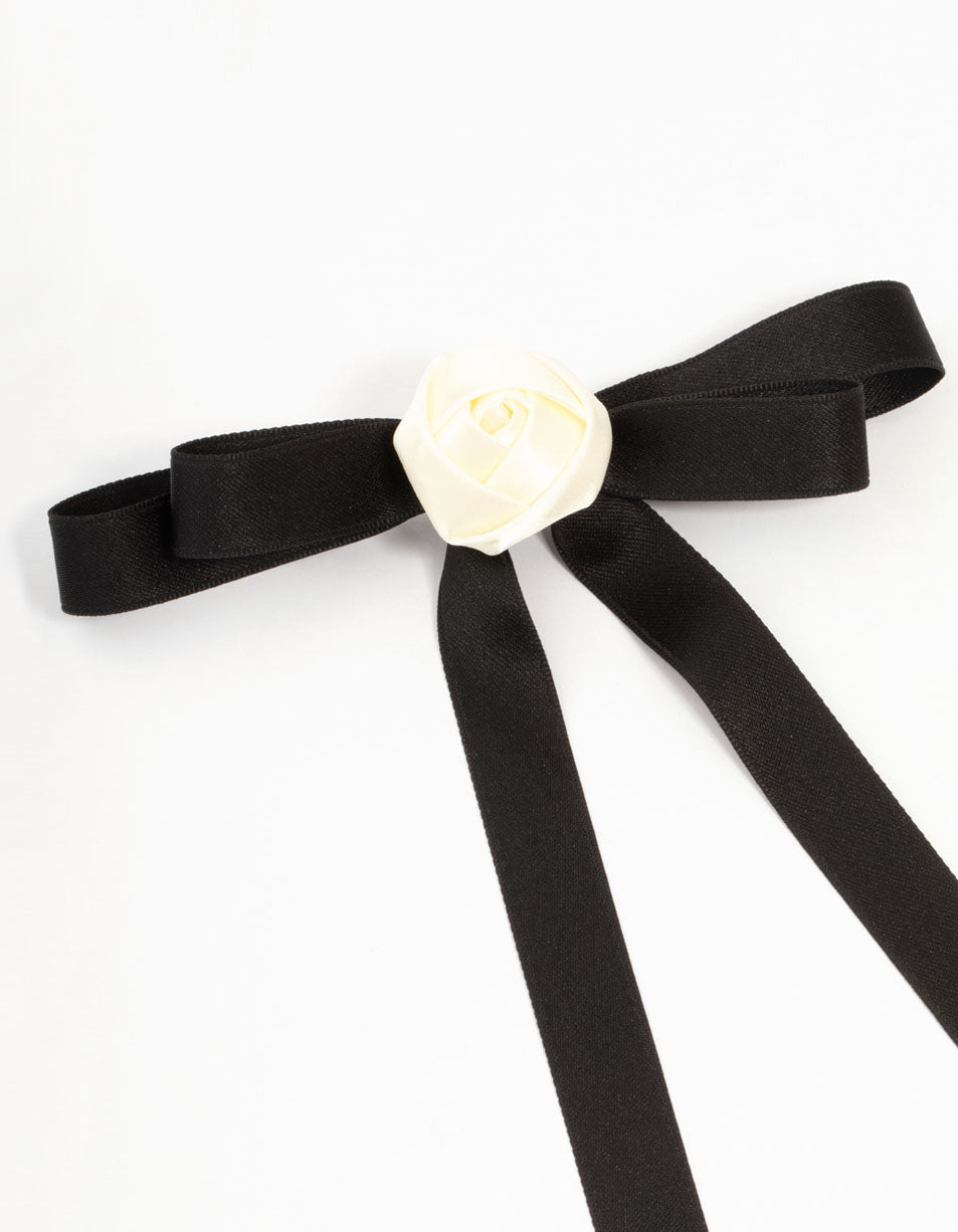 Long Black Fabric Thin Bow Flower Clip