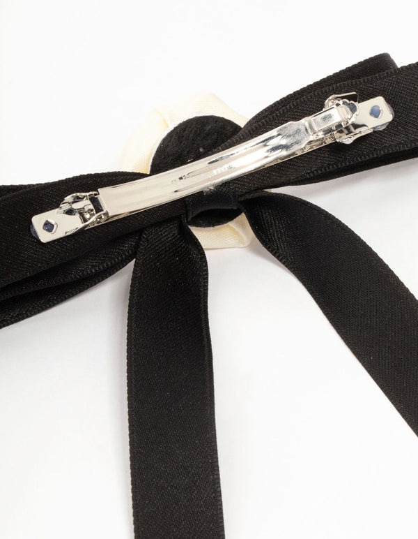Long Black Fabric Thin Bow Flower Clip