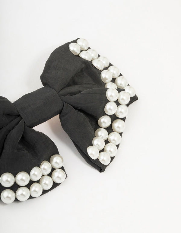 Black & White Short Pearl Bow Barrette Clip
