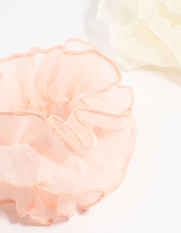 Chiffon Pink & White Fabric Layered Scrunchies 2-Pack