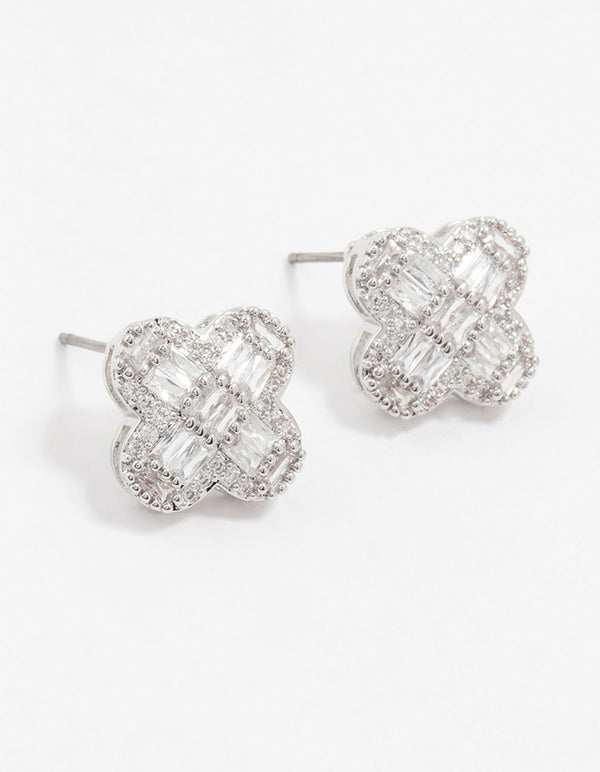 Silver Paved Flower Stud Earrings
