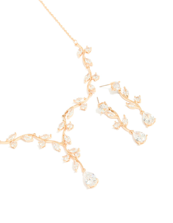 Gold Creeping Crystal Roses Necklace & Earrings Set