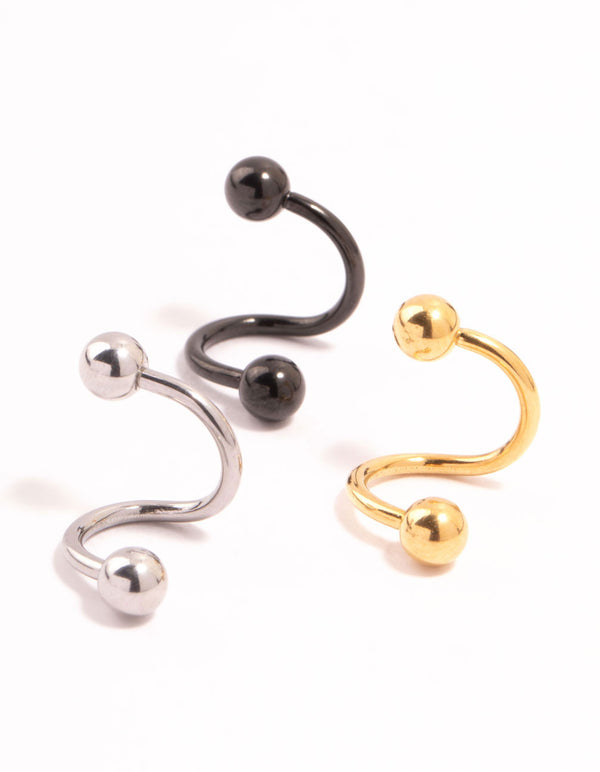 Gold, Black & Silver Surgical Steel  Twisted Belly Bars 3-Pack